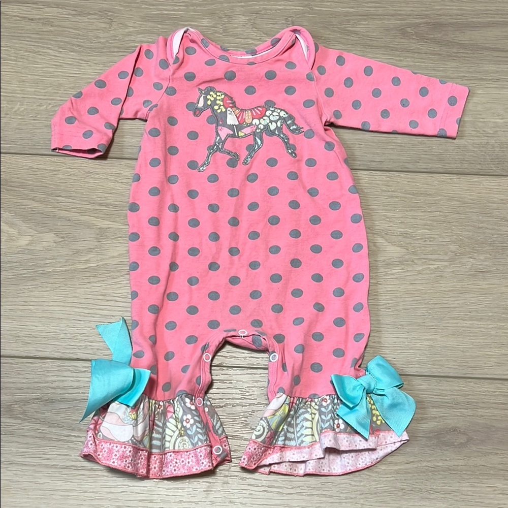 Pink Polka Dot Horse Ruffle Baby One-Piece Bodysuit Romper Size 6-9 Months